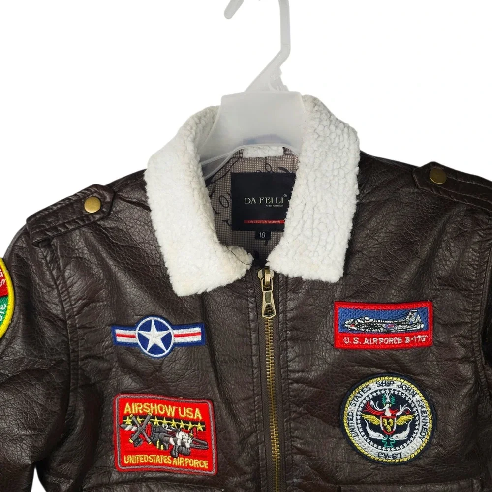 Da Fei Li Boys Bomber Jacket Size 10 Flight Aviator Faux Leather Patches Coat